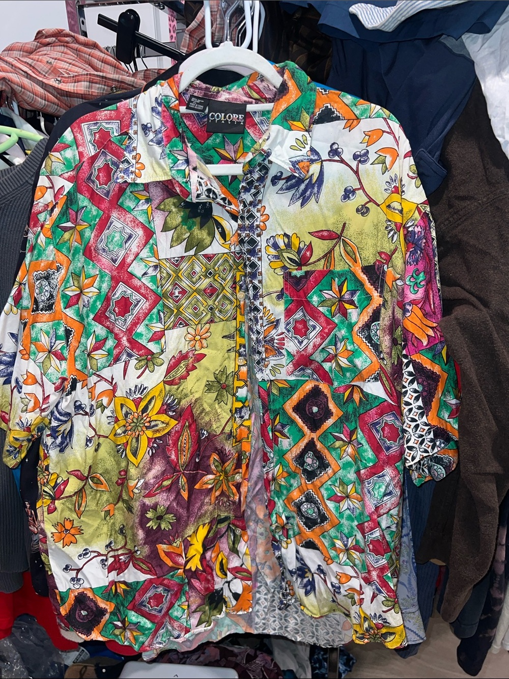 90s Colore Italia Rayon Vibrant Patchwork Festival Floral Button-Up Shirt